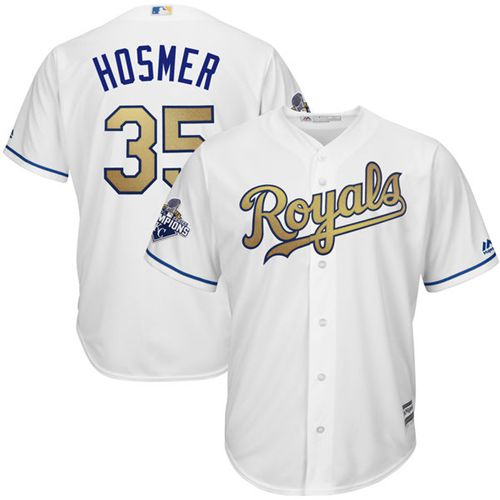 Royals #35 Eric Hosmer White 2015 World Series Champions Gold Program Cool Base Stitched Youth MLB Jersey - Click Image to Close